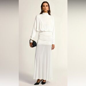 Commense Turtleneck Long Sleeve Drape Ruched Mesh Dress